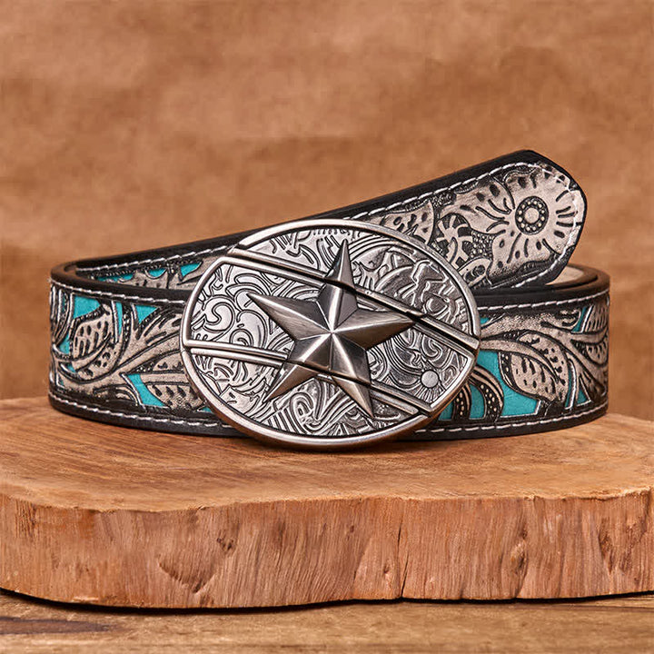 Cinturón de cuero con cuchillo plegable oculto con pentagrama para hombre - Pentagrama - Cinturón floral gris - 42 - image 10
