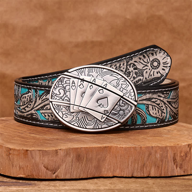 Cinturón de cuero con navaja plegable oculta Poker 4 Ace para hombre - Póker 4 As - Cinturón floral gris - 42 - image 10