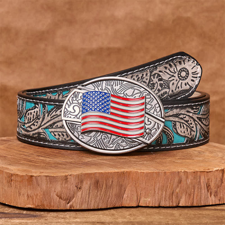Cinturón de cuero con cuchillo plegable oculto con bandera estadounidense para hombre - Bandera estadounidense - Cinturón floral gris - 42 - image 9