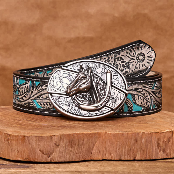 Cinturón de cuero con cuchillo plegable oculto con cabeza de caballo para hombre - Cabeza de caballo - Cinturón floral gris - 42 - image 12