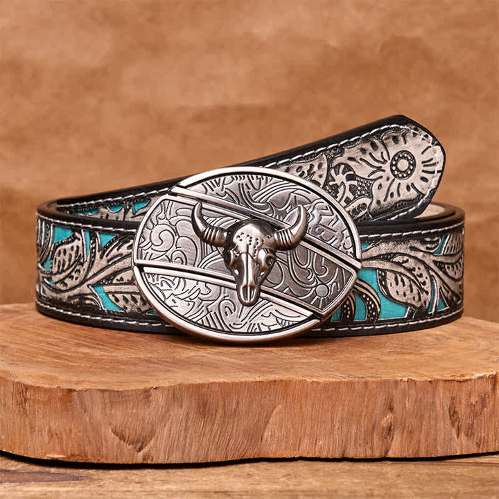 Cinturón de cuero con cuchillo plegable oculto de toro Longhorn para hombre - Toro de cuernos largos - Cinturón floral gris - 42 - image 14