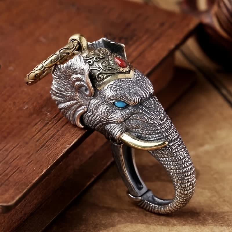 Llavero con cabeza de elefante, escultura vívida hecha a mano - Ojos azules - image 0