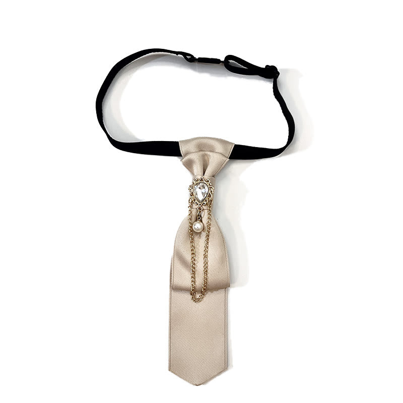Corbata corta de moda con diamantes blancos y perla, preanudada, de color caqui - Caqui - image 0