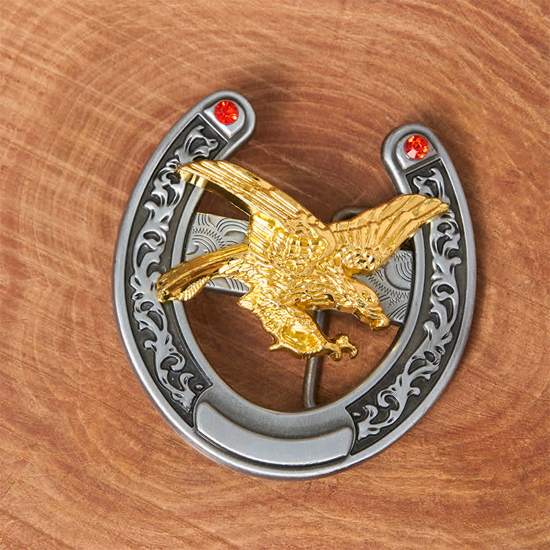 Cinturón de cuero con hebilla de herradura estilo western con águila dorada - image 1