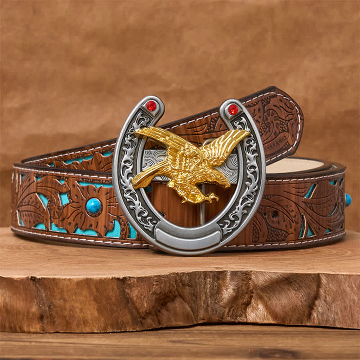 Cinturón de cuero con hebilla de herradura estilo western con águila dorada - Águila dorada - Cinturón tallado en turquesa - 42 - image 3