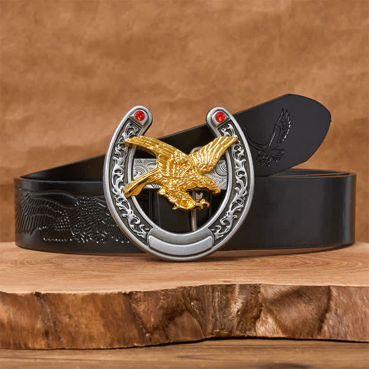 Cinturón de cuero con hebilla de herradura estilo western con águila dorada - Águila dorada - Cinturón de águila negra en relieve - 42 - image 2