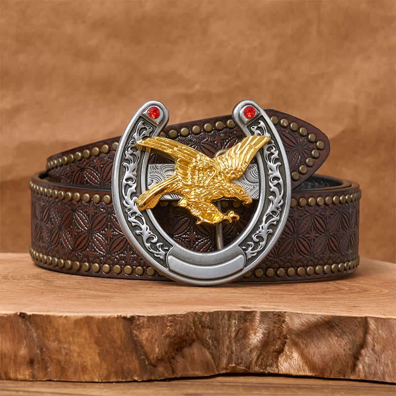 Cinturón de cuero con hebilla de herradura estilo western con águila dorada - Águila dorada - Cinturón con remaches marrones - 42 - image 4