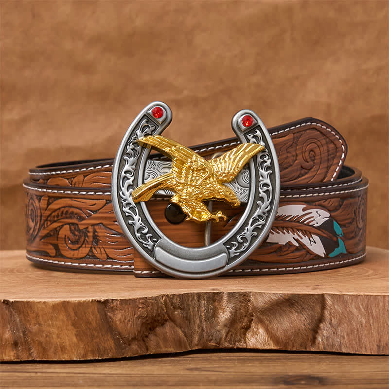 Cinturón de cuero con hebilla de herradura estilo western con águila dorada - Águila dorada - Cinturón de plumas marrones - 40 - image 7