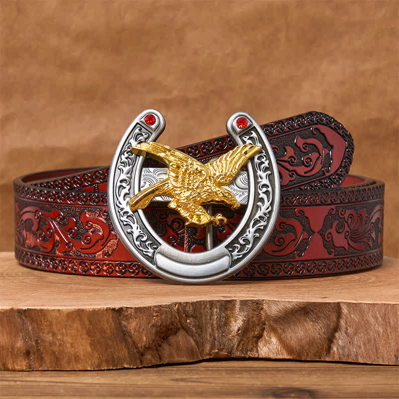 Cinturón de cuero con hebilla de herradura estilo western con águila dorada - Águila dorada - Cinturón marrón tallado - 42 - image 6