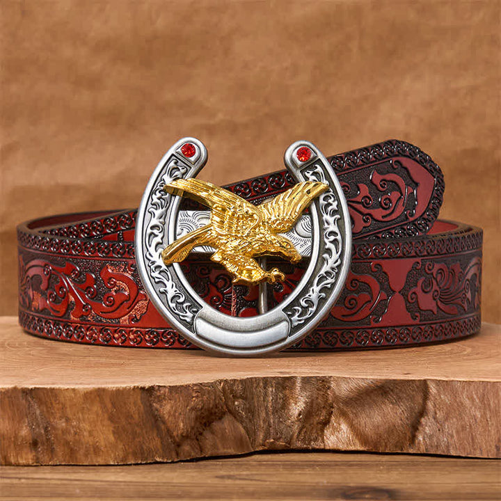 Cinturón de cuero con hebilla de herradura estilo western con águila dorada - Águila dorada - Cinturón marrón tallado - 42 - image 6