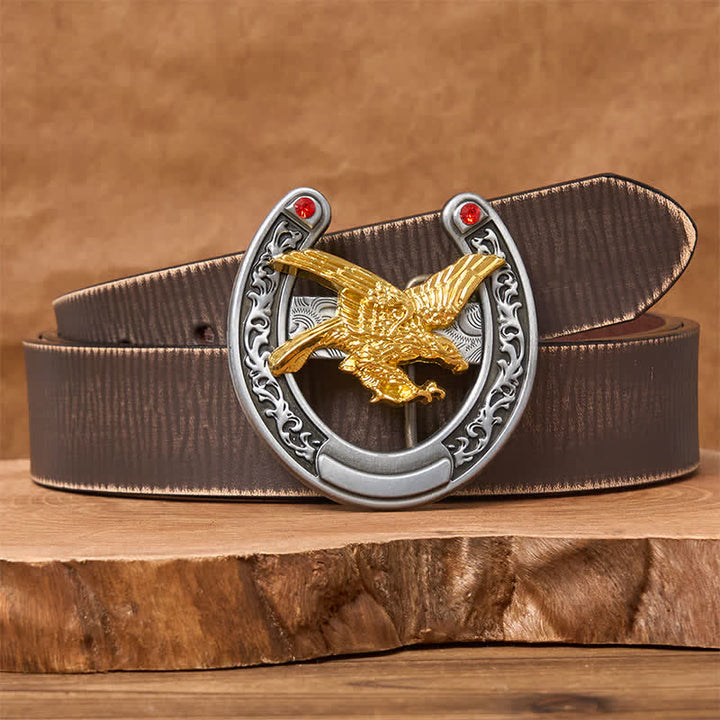 Cinturón de cuero con hebilla de herradura estilo western con águila dorada - Águila dorada - Cinturón marrón desgastado - 42 - image 5