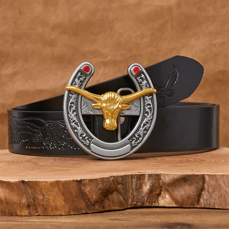 Cinturón de cuero con hebilla de herradura estilo western con cabeza de toro dorada - Toro de oro - Cinturón de águila negra en relieve - 42 - image 2