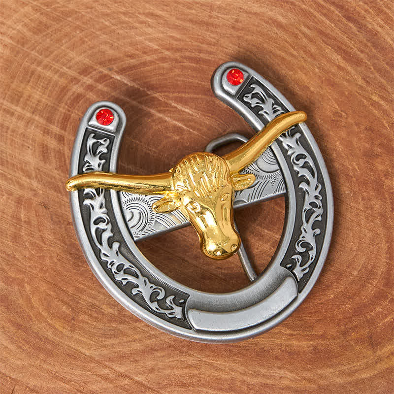 Cinturón de cuero con hebilla de herradura estilo western con cabeza de toro dorada - image 1