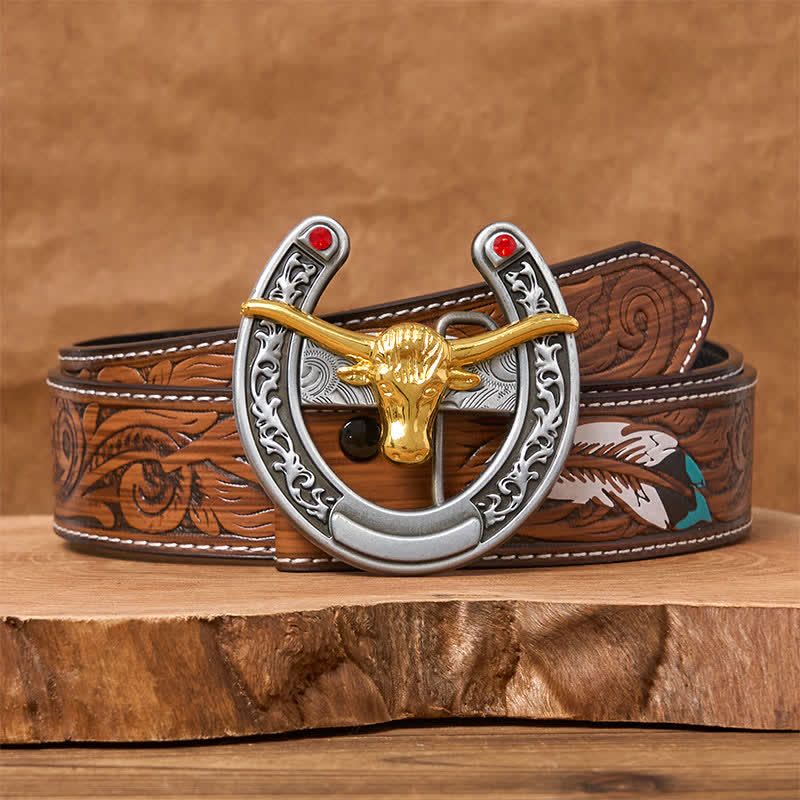 Cinturón de cuero con hebilla de herradura estilo western con cabeza de toro dorada - Toro de oro - Cinturón de plumas marrones - 40 - image 7