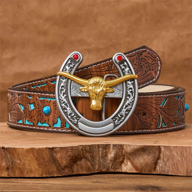 Cinturón de cuero con hebilla de herradura estilo western con cabeza de toro dorada - Toro de oro - Cinturón tallado en turquesa - 42 - image 3