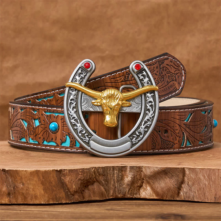 Cinturón de cuero con hebilla de herradura estilo western con cabeza de toro dorada - Toro de oro - Cinturón tallado en turquesa - 42 - image 3