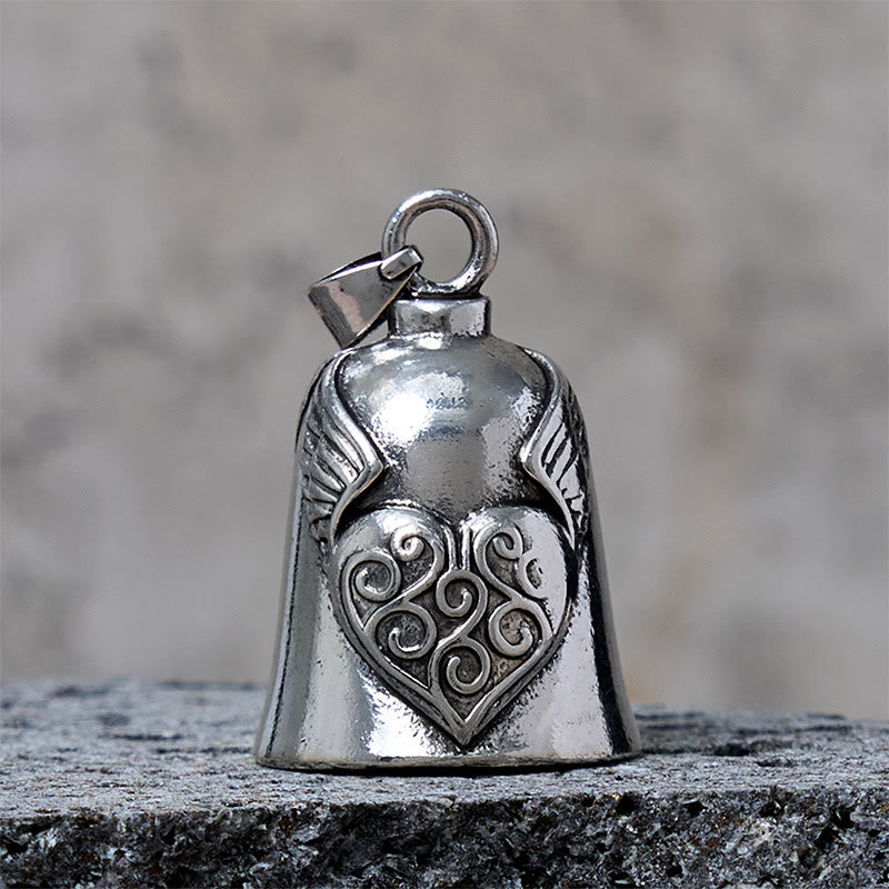 Llavero vintage con forma de campana y corazón de alas plateadas - Colgante - image 1