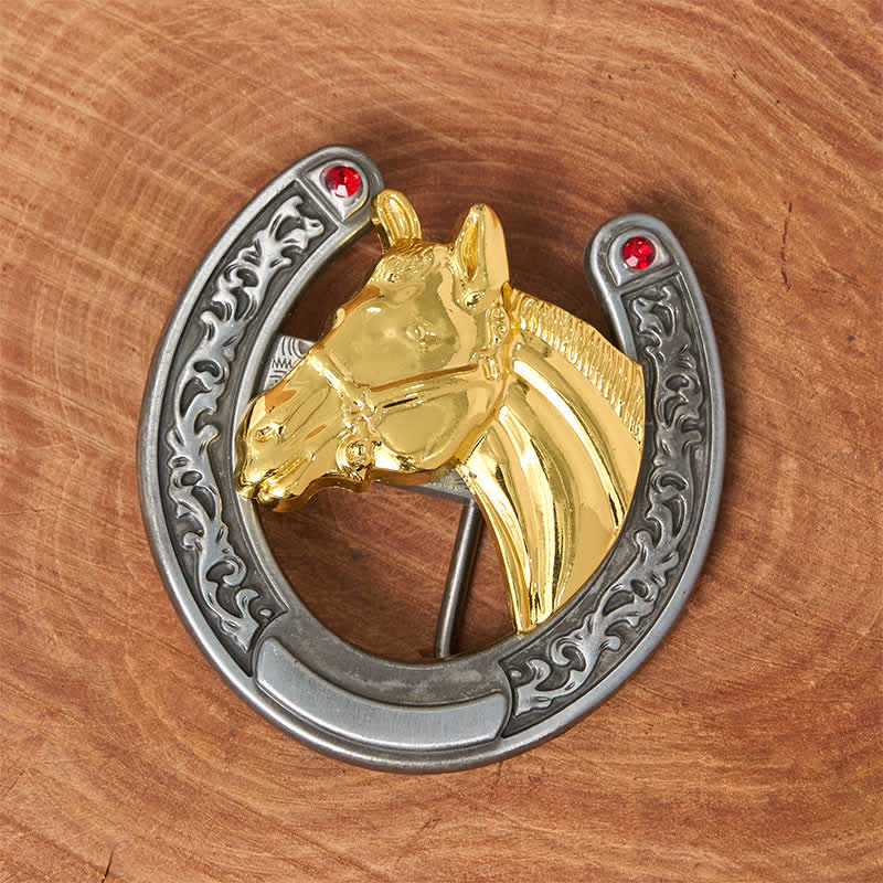 Cinturón de cuero con hebilla en forma de herradura y cabeza de caballo - image 1