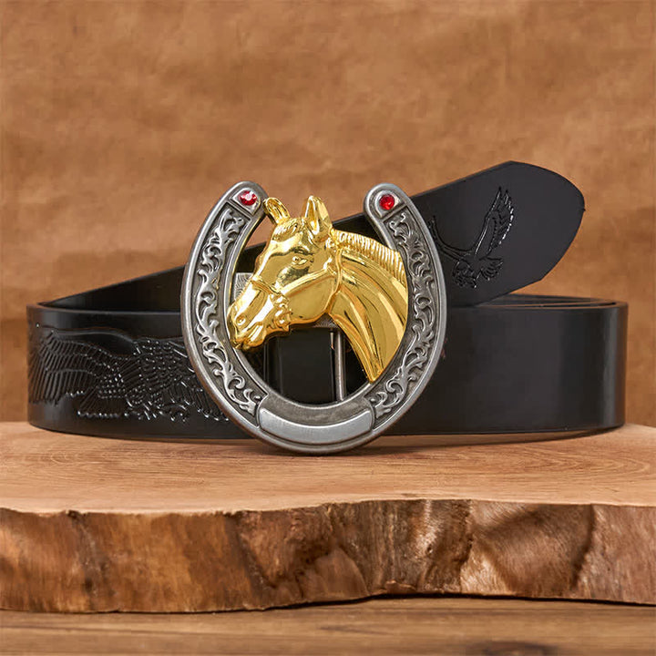 Cinturón de cuero con hebilla en forma de herradura y cabeza de caballo - Caballo dorado - Cinturón de águila negra en relieve - 42 - image 2