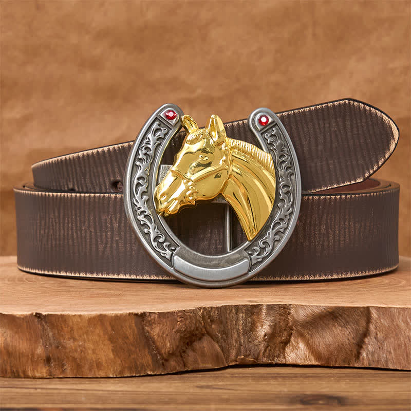 Cinturón de cuero con hebilla en forma de herradura y cabeza de caballo - Caballo dorado - Cinturón marrón desgastado - 42 - image 5