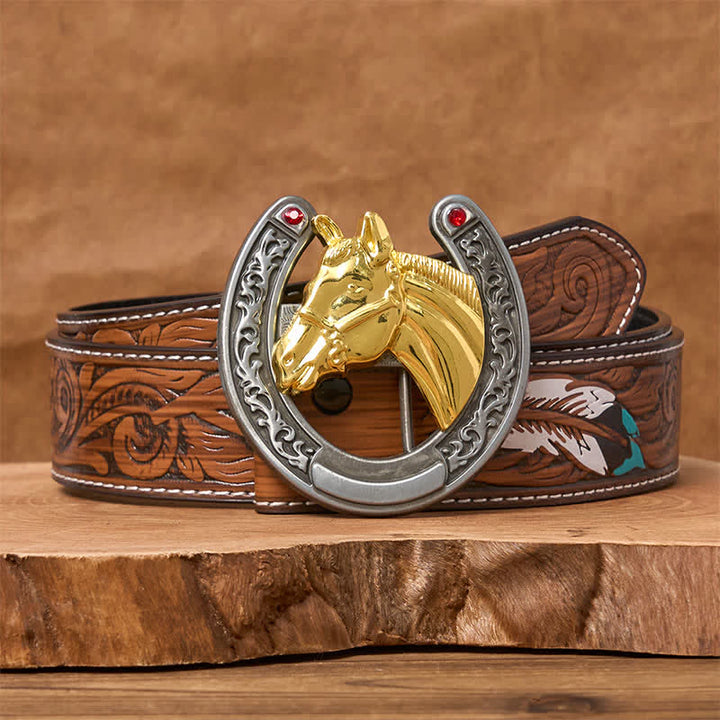 Cinturón de cuero con hebilla en forma de herradura y cabeza de caballo - Caballo dorado - Cinturón de plumas marrones - 40 - image 7