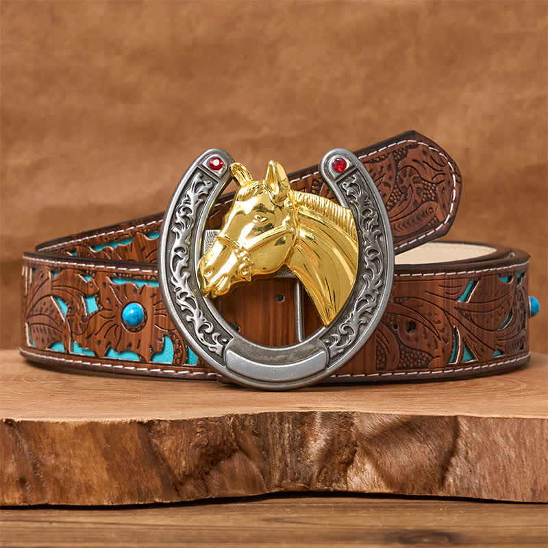 Cinturón de cuero con hebilla en forma de herradura y cabeza de caballo - Caballo dorado - Cinturón tallado en turquesa - 42 - image 3