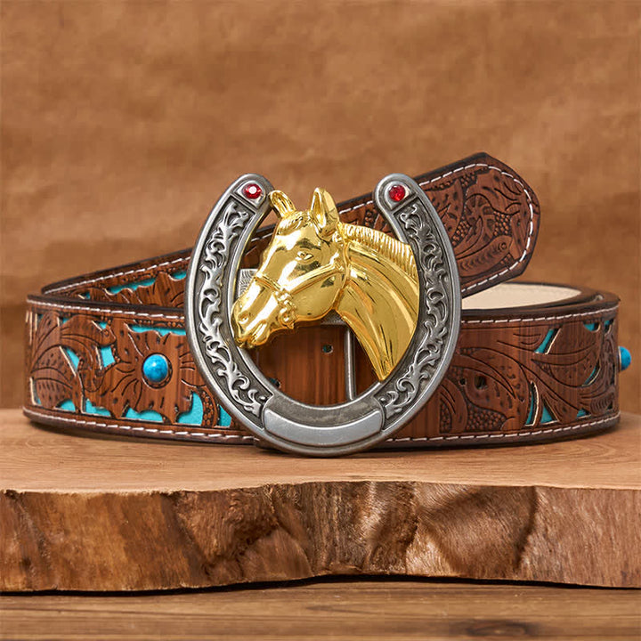 Cinturón de cuero con hebilla en forma de herradura y cabeza de caballo - Caballo dorado - Cinturón tallado en turquesa - 42 - image 3