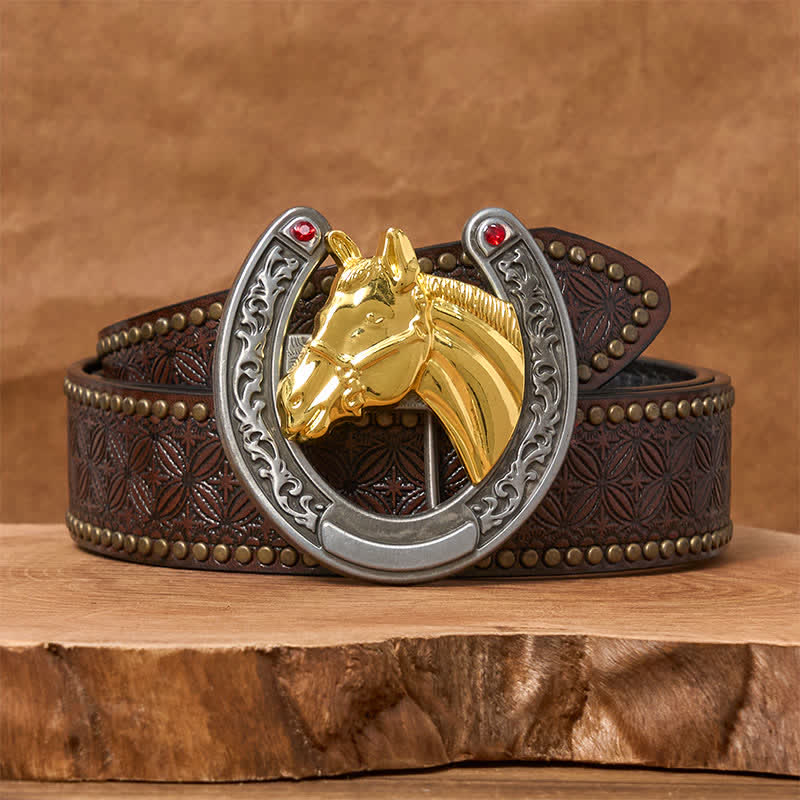 Cinturón de cuero con hebilla en forma de herradura y cabeza de caballo - Caballo dorado - Cinturón con remaches marrones - 42 - image 4