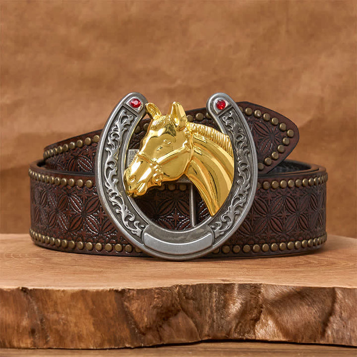 Cinturón de cuero con hebilla en forma de herradura y cabeza de caballo - Caballo dorado - Cinturón con remaches marrones - 42 - image 4
