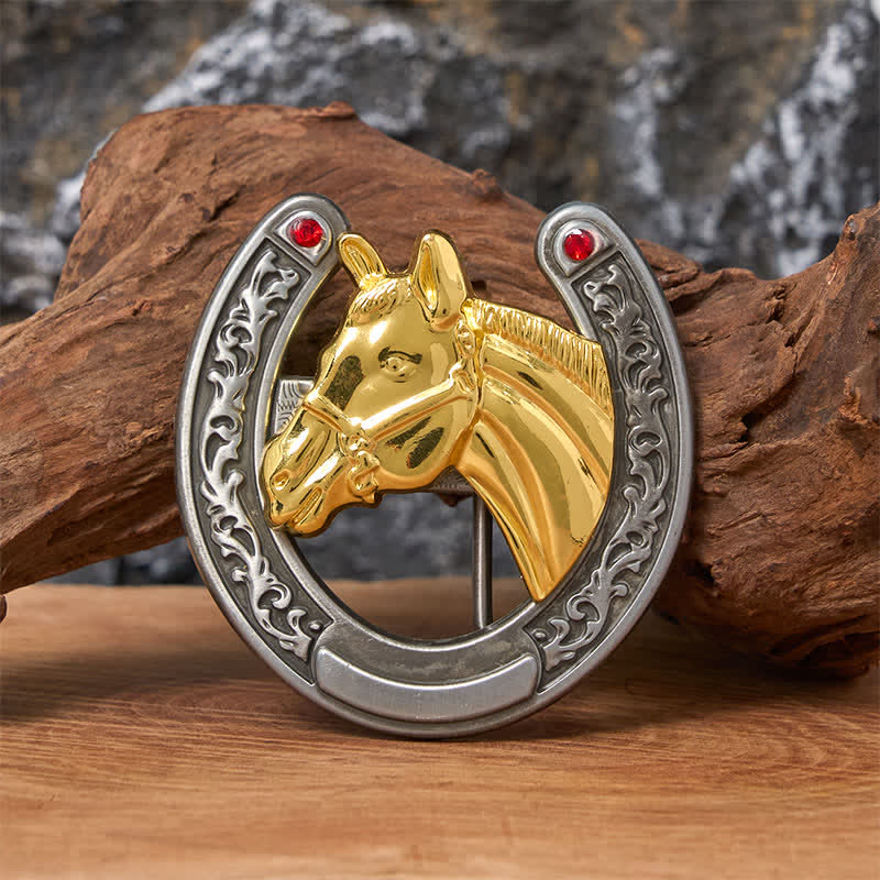 Cinturón de cuero con hebilla en forma de herradura y cabeza de caballo - Caballo dorado - Sin cinturón - Cinturón no incluido - image 0