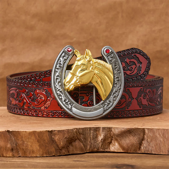 Cinturón de cuero con hebilla en forma de herradura y cabeza de caballo - Caballo dorado - Cinturón marrón tallado - 42 - image 6