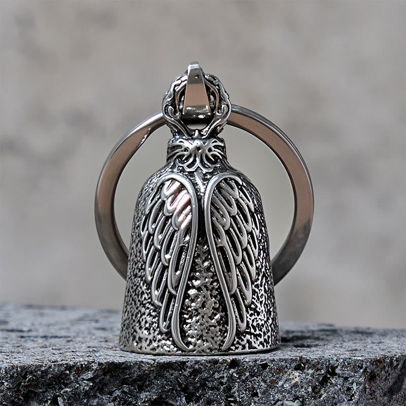 Llavero vintage con campana de motocicleta y alas de ángel - Plata - Llavero - image 0