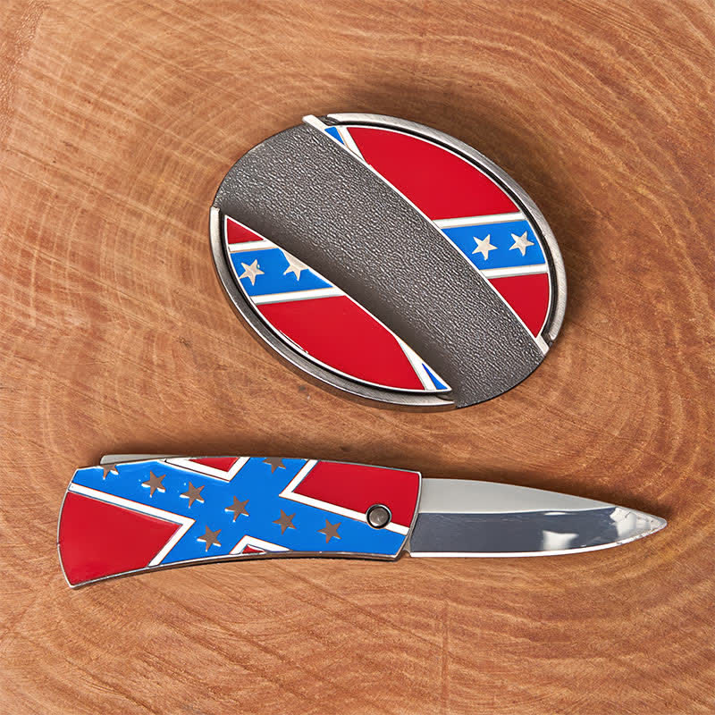 Cinturón de cuero con hebilla de cuchillo oculta con bandera confederada roja y azul - image 1