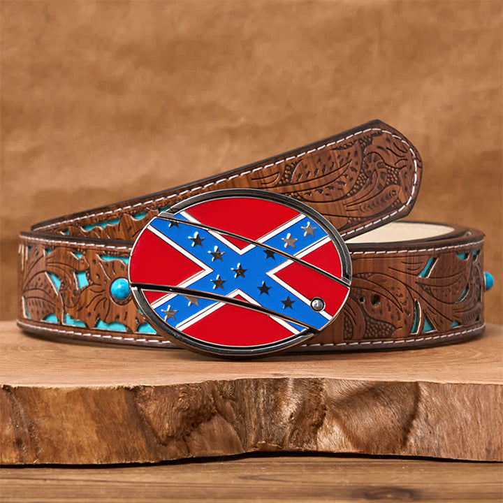 Cinturón de cuero con hebilla de cuchillo oculta con bandera confederada roja y azul - Cinturón tallado en turquesa - 42 - image 5