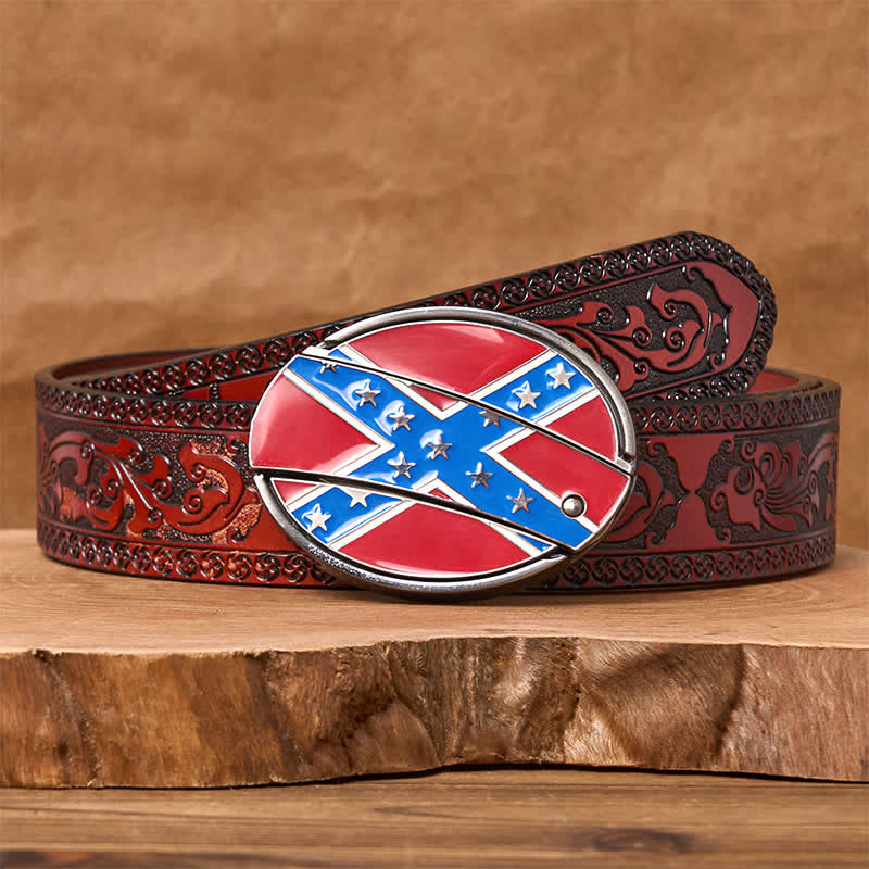 Cinturón de cuero con hebilla de cuchillo oculta con bandera confederada roja y azul - Cinturón marrón tallado - 42 - image 8