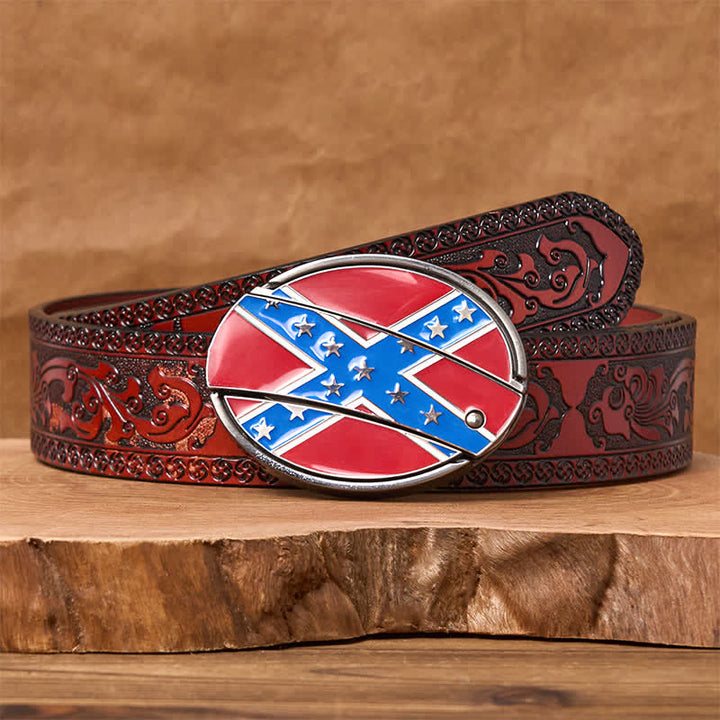 Cinturón de cuero con hebilla de cuchillo oculta con bandera confederada roja y azul - Cinturón marrón tallado - 42 - image 8