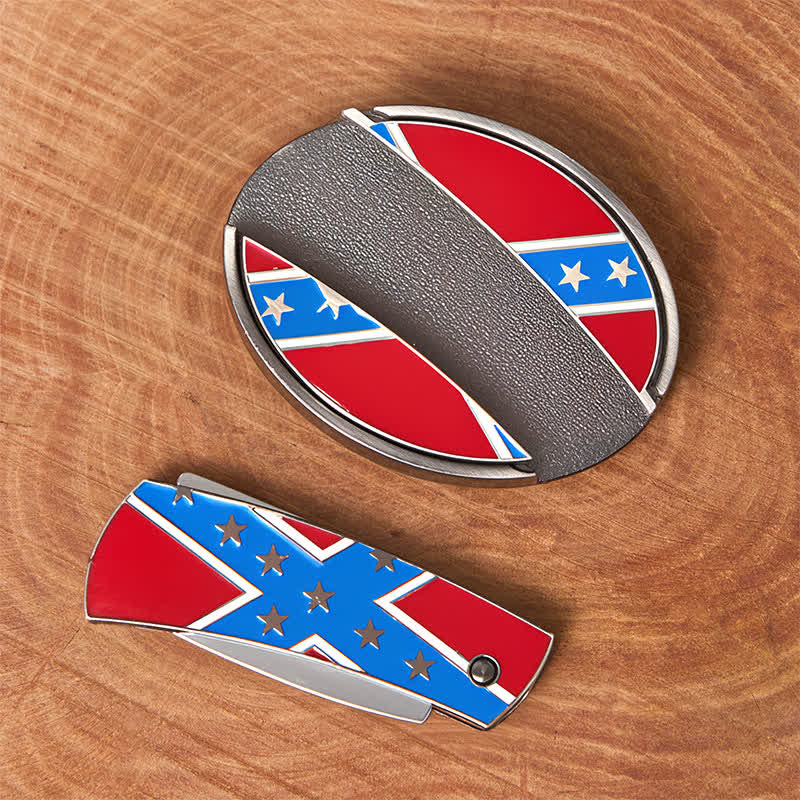 Cinturón de cuero con hebilla de cuchillo oculta con bandera confederada roja y azul - image 3