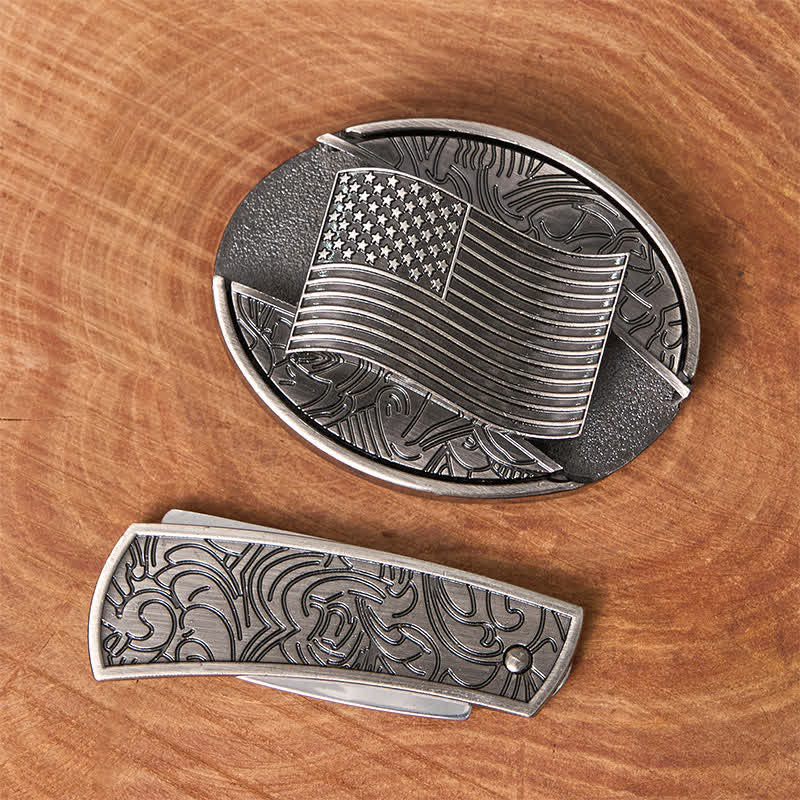 Cinturón de cuero con hebilla de cuchillo oculta con bandera estadounidense plateada - image 3