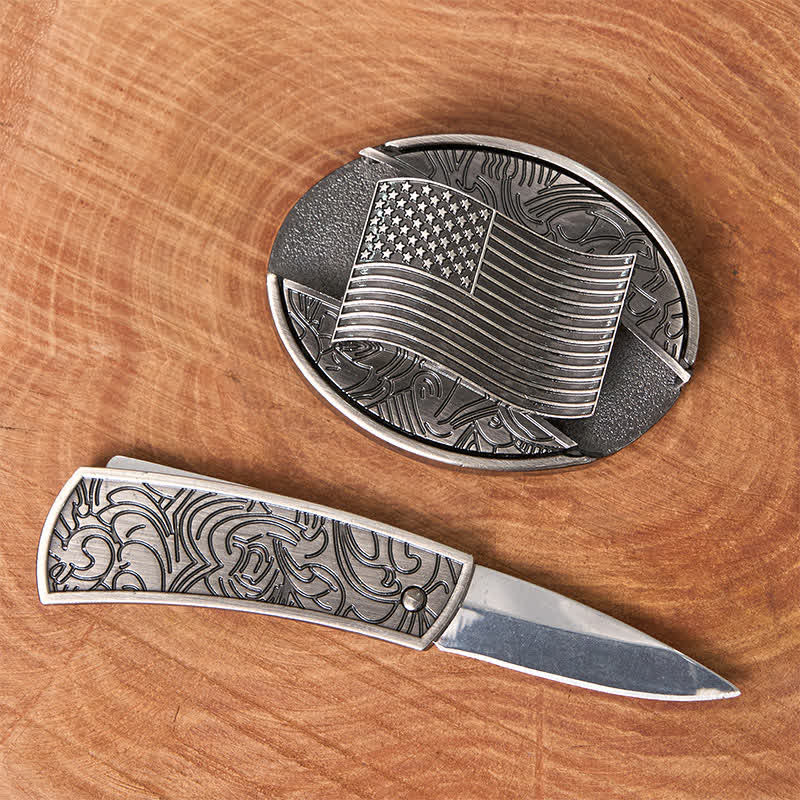 Cinturón de cuero con hebilla de cuchillo oculta con bandera estadounidense plateada - image 1