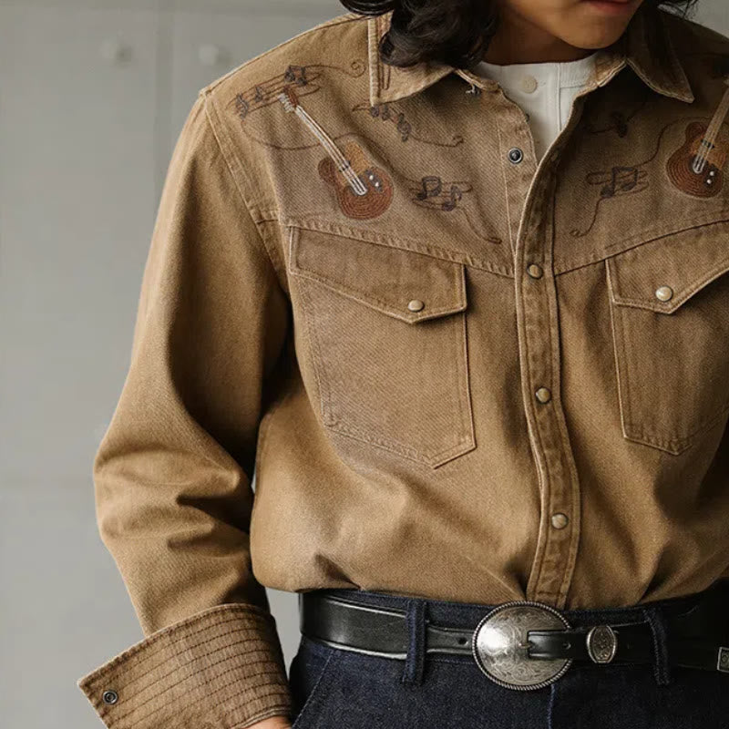 Camisa vaquera estilo western con bordado de notas musicales y guitarra vintage - image 0