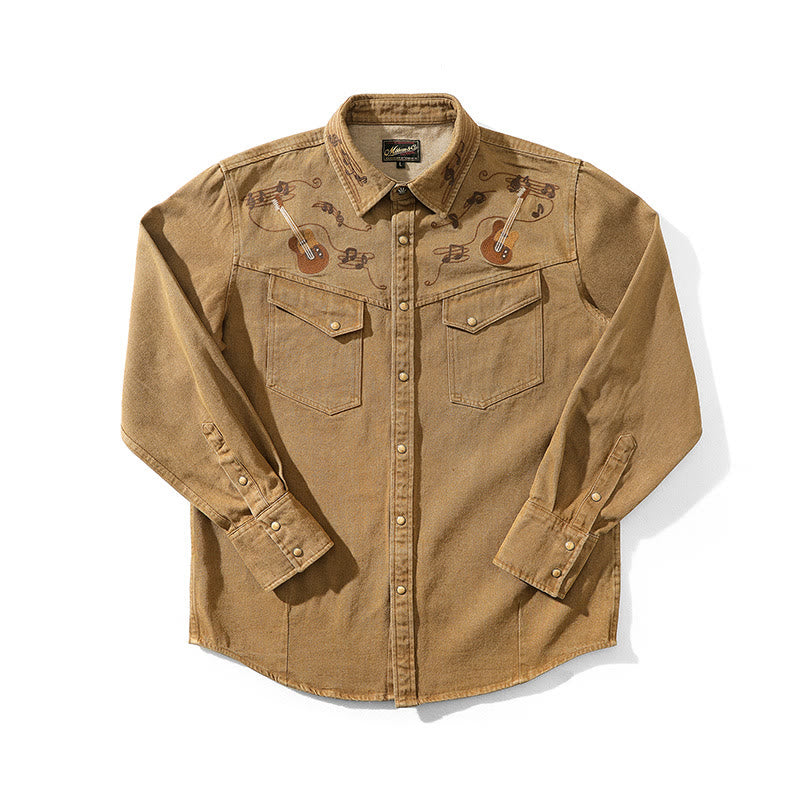 Camisa vaquera estilo western con bordado de notas musicales y guitarra vintage - Café - 3XL - image 1