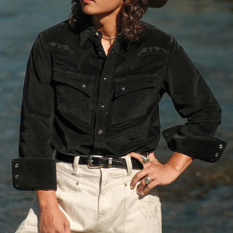 Camisa vaquera occidental con bordado de pana negra - image 0