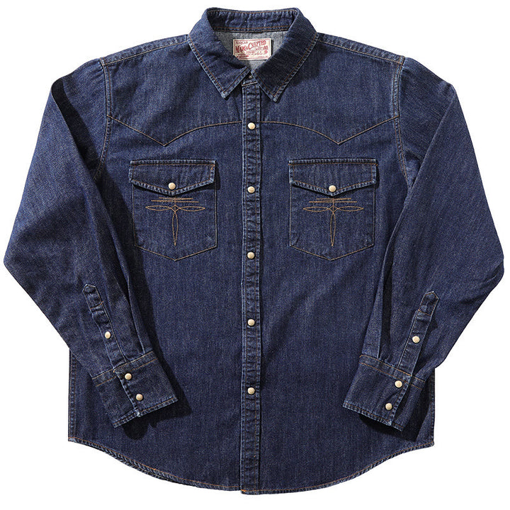 Camisa vaquera vintage azul oscuro lavada estilo western - Azul oscuro - 3XL - image 1