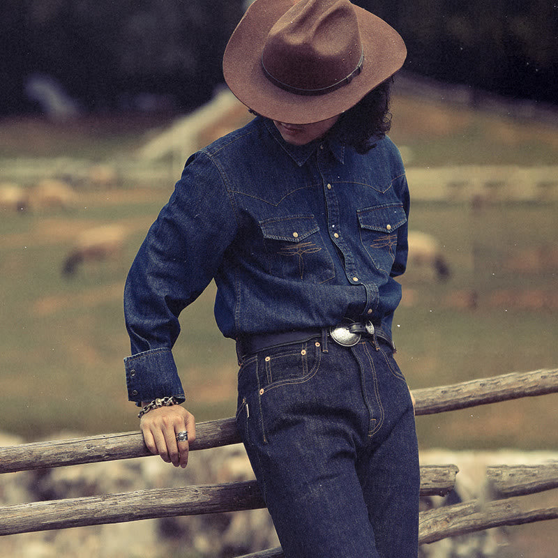 Camisa vaquera vintage azul oscuro lavada estilo western - image 0
