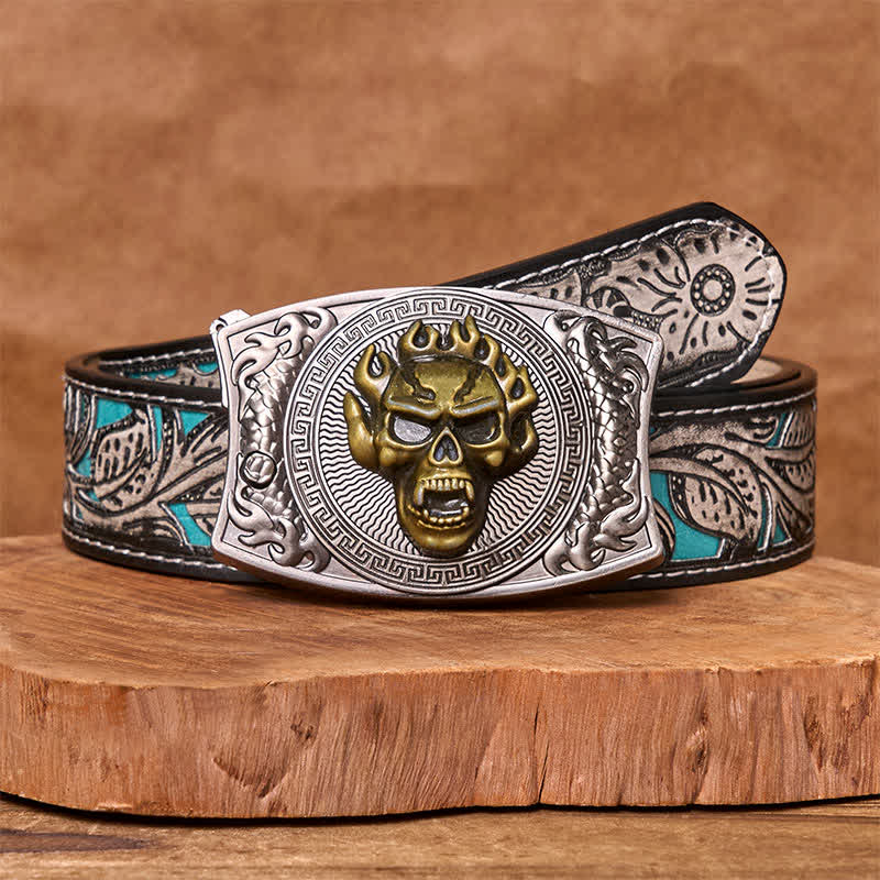 Cinturón de cuero con cuchillo plegable oculto con calavera en llamas para hombre - Calavera en llamas - Cinturón floral gris - 42 - image 11