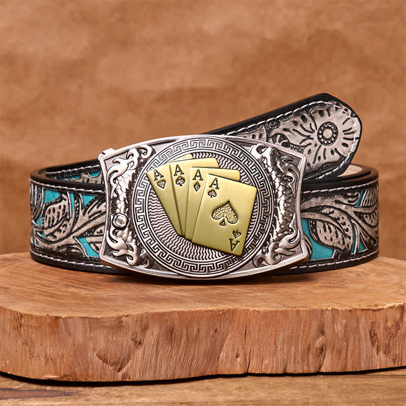Cinturón de cuero con navaja plegable oculta para hombre, hecho a mano con póker dorado - Póker de oro - Cinturón floral gris - 42 - image 12