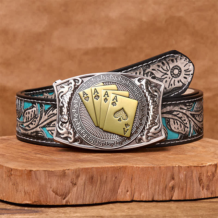 Cinturón de cuero con navaja plegable oculta para hombre, hecho a mano con póker dorado - Póker de oro - Cinturón floral gris - 42 - image 12