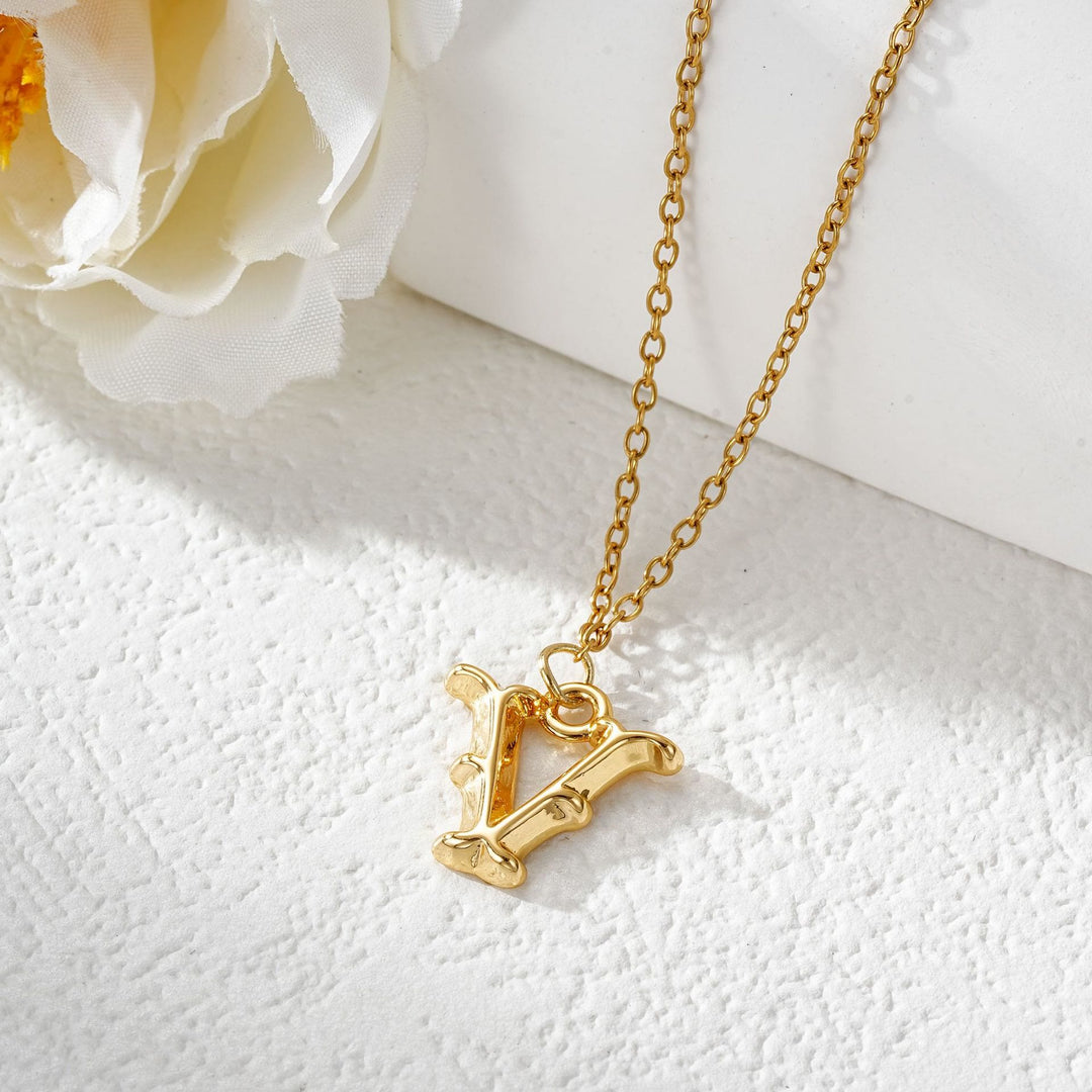 Elegante collar con colgante de letra dorada y plateada para mujer - Dorado - V - image 23