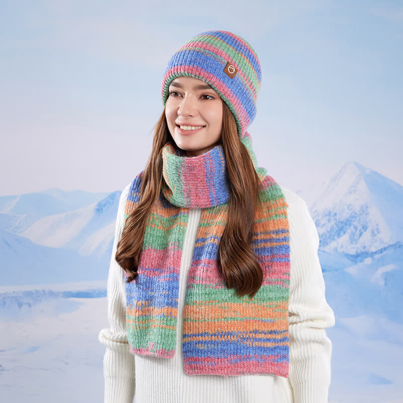 Conjunto de 3 guantes y gorro con rayas neutras multicolores - image 1