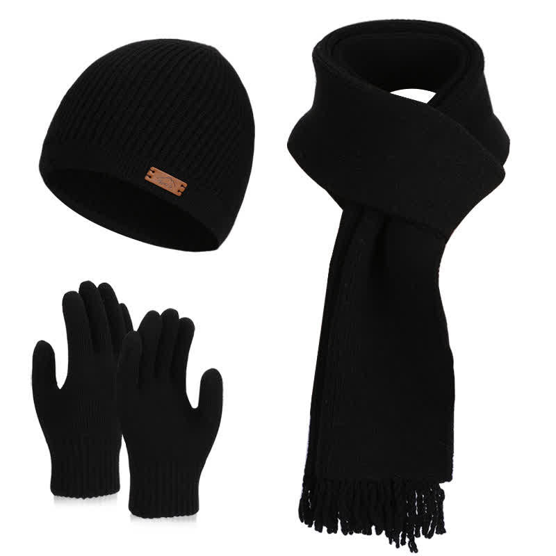Conjunto de 3 gorros, bufandas y guantes de punto de color liso - Negro - Ajustable (21 5/8"-23 5/8") - image 18